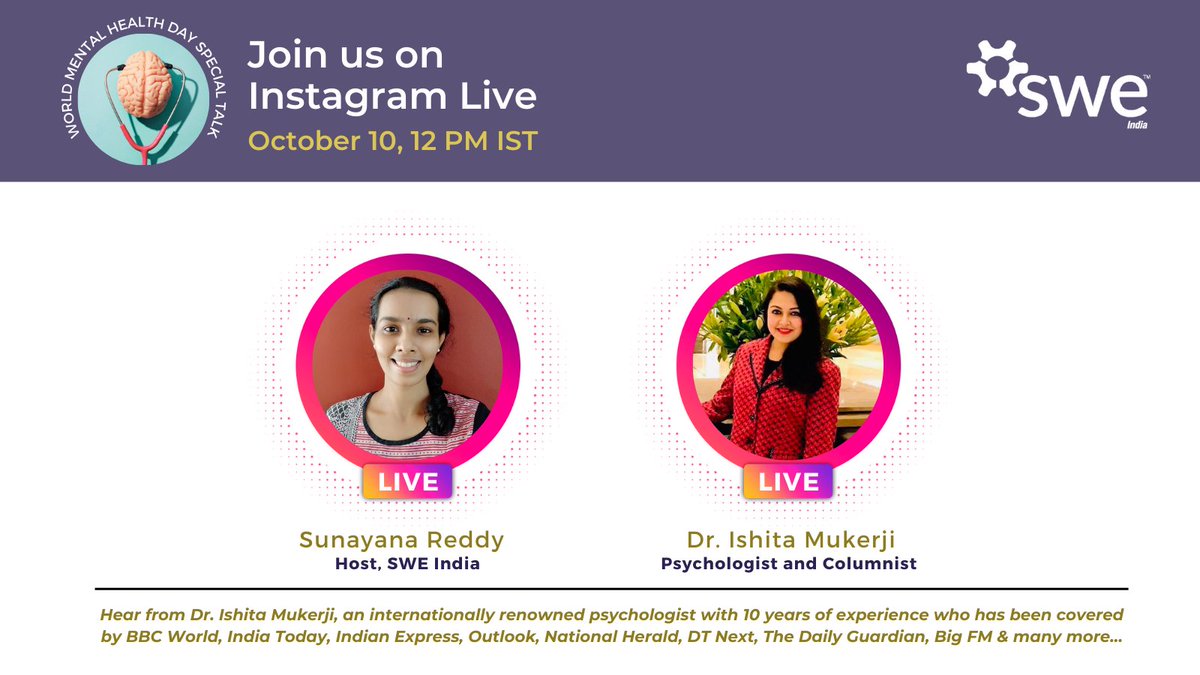 SWEIndia's tweet photo. 🚨We are going Live on Instagram on World Mental Health Day - Oct 10, 12 PM IST with a ver special guest, Dr. Ishita Mukerji🚨

Join us @swe.india on Instagram https://t.co/qRTukBPY6j to explore more about Psychology on World Mental Health Day with Dr. Ishita Mukerji

#SWEIndia https://t.co/ttWFMkwuPj