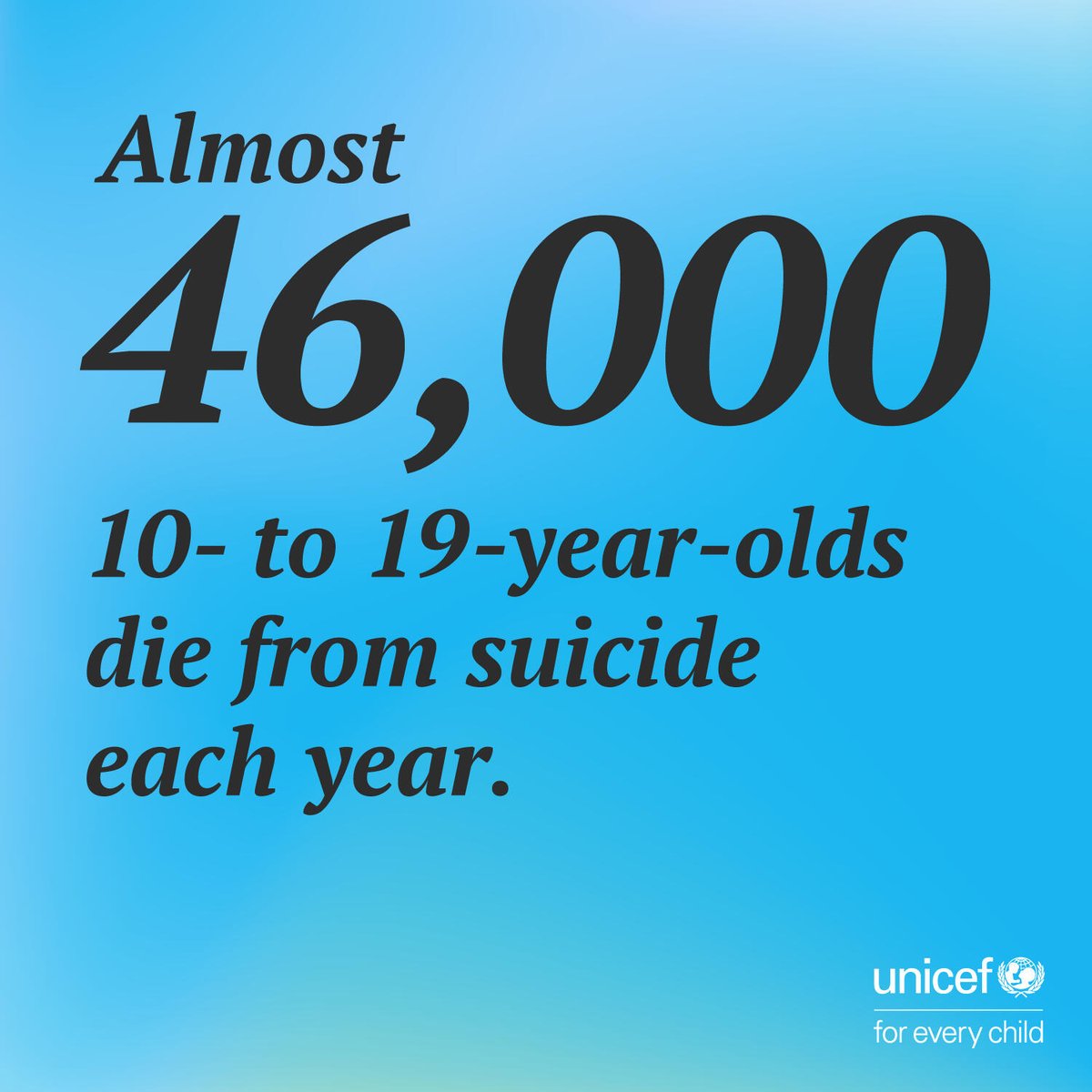 Suicide is among the top five causes of death for 10- to 19-year-olds.

Children and young people need support. Governments must urgently increase investment in, and access to, life-saving mental health and psychosocial services. 

#OnMyMind #WorldMentalHealthDay
