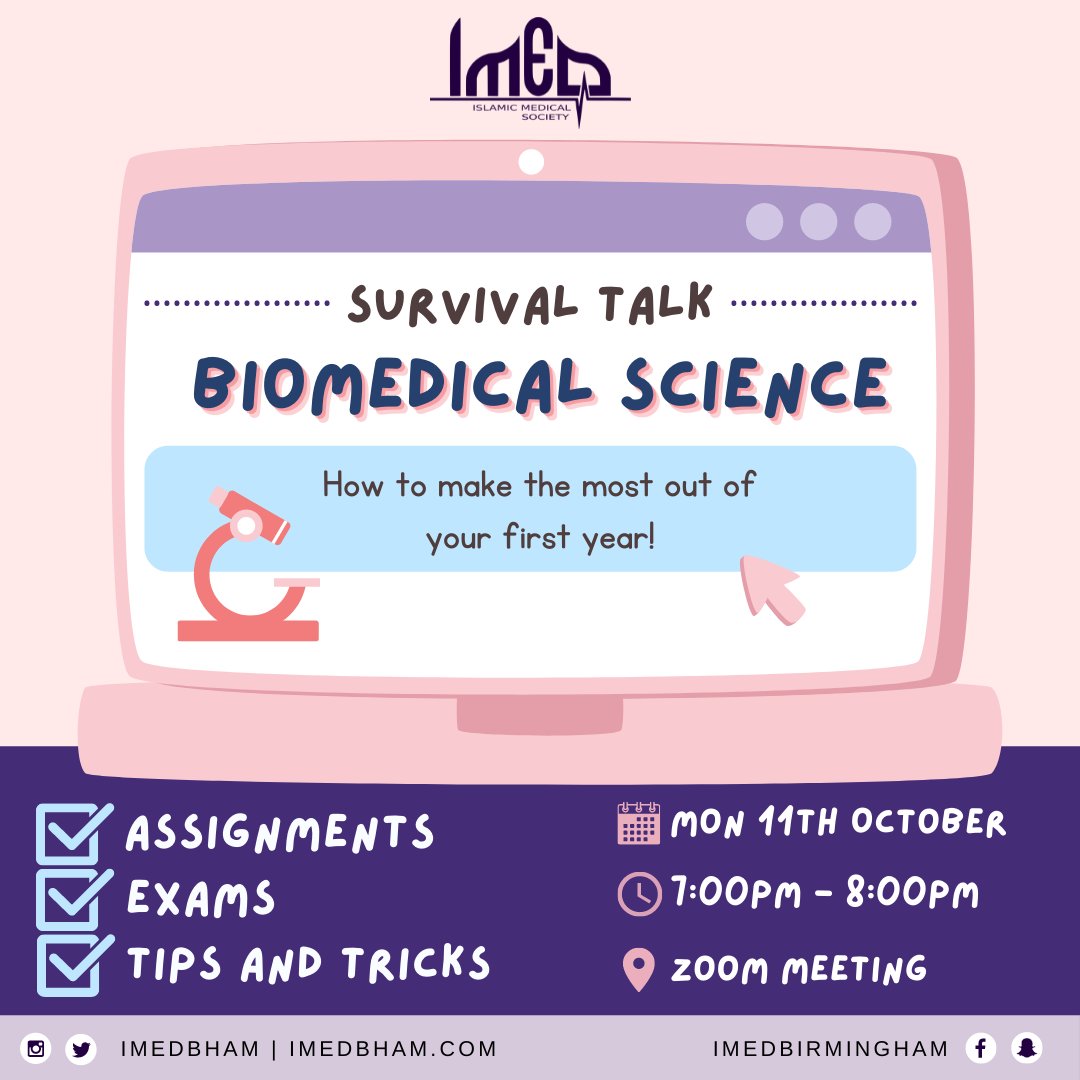 imedbham's tweet photo. Come along to our Year 1 Biomedical Science Survival Talk! ✨

Join this zoom link on Monday 11th October at 7 pm: https://t.co/4VtBYFGYia https://t.co/084XUsQHT1