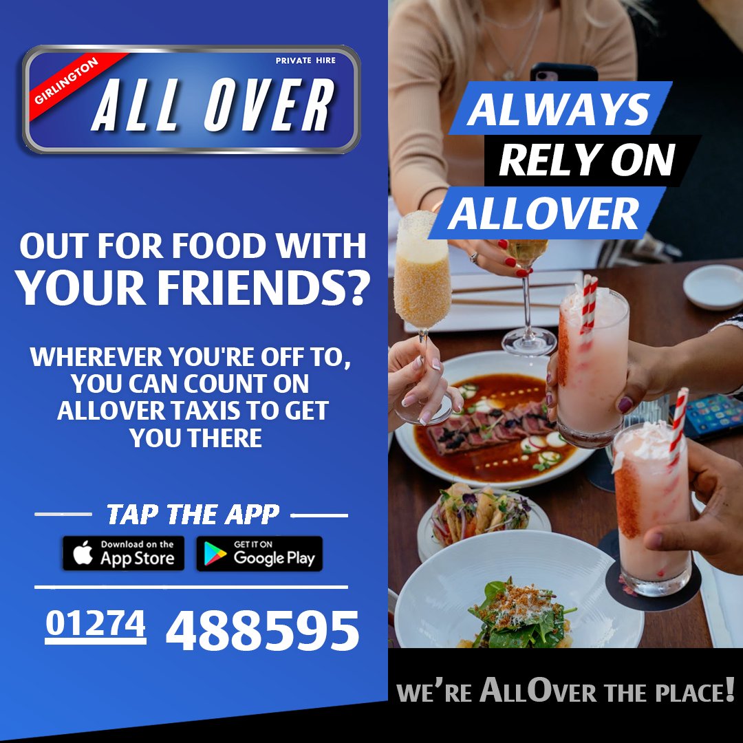 Wherever you're off to, you can count on AllOver Taxis to get the whole gang there in our safe &amp; reliable taxis. 
 
Download the FREE app today: onelink.to/regsnt
01274 488595
Girlington.co.uk
.
.
.
.
#restaurant #food #cashless #Taxi #Girlington