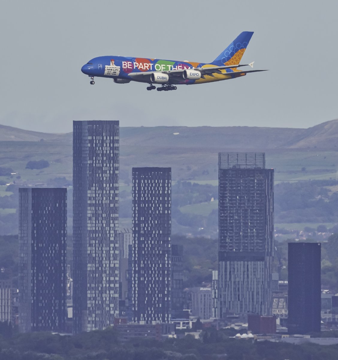 Earlier this week I was lucky enough to capture <a href="/emirates/">Emirates</a> <a href="/AirbusintheUK/">Airbus In The UK</a> A380-800 in the stunning new Expo 2020 Dubai livery crossing the ever changing Manchester skyline prior to landing on runway 23R <a href="/manairport/">Manchester Airport</a> 
#Emirates #A380 #Airbus #ManchesterAirport #EGCC