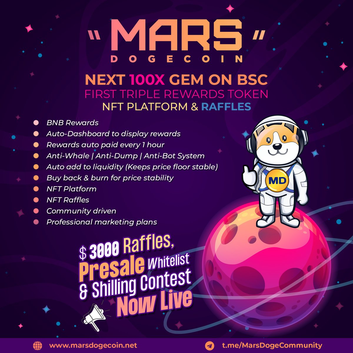 🚨Mars DogeCoin $MDC next 100X BSC Gem. Best Rewards Token on BSC. First Triple Rewards System Ever. BNB, USDT and MDC at the same time.🚨 🔥🔥🔥Our Presale Whitelist, 3000$ Raffles &amp; Shilling Contest is now live🔥🔥🔥

sweepwidget.com/view/34338-hw9…

#BSCGems #presale #dxsale #dogecoin