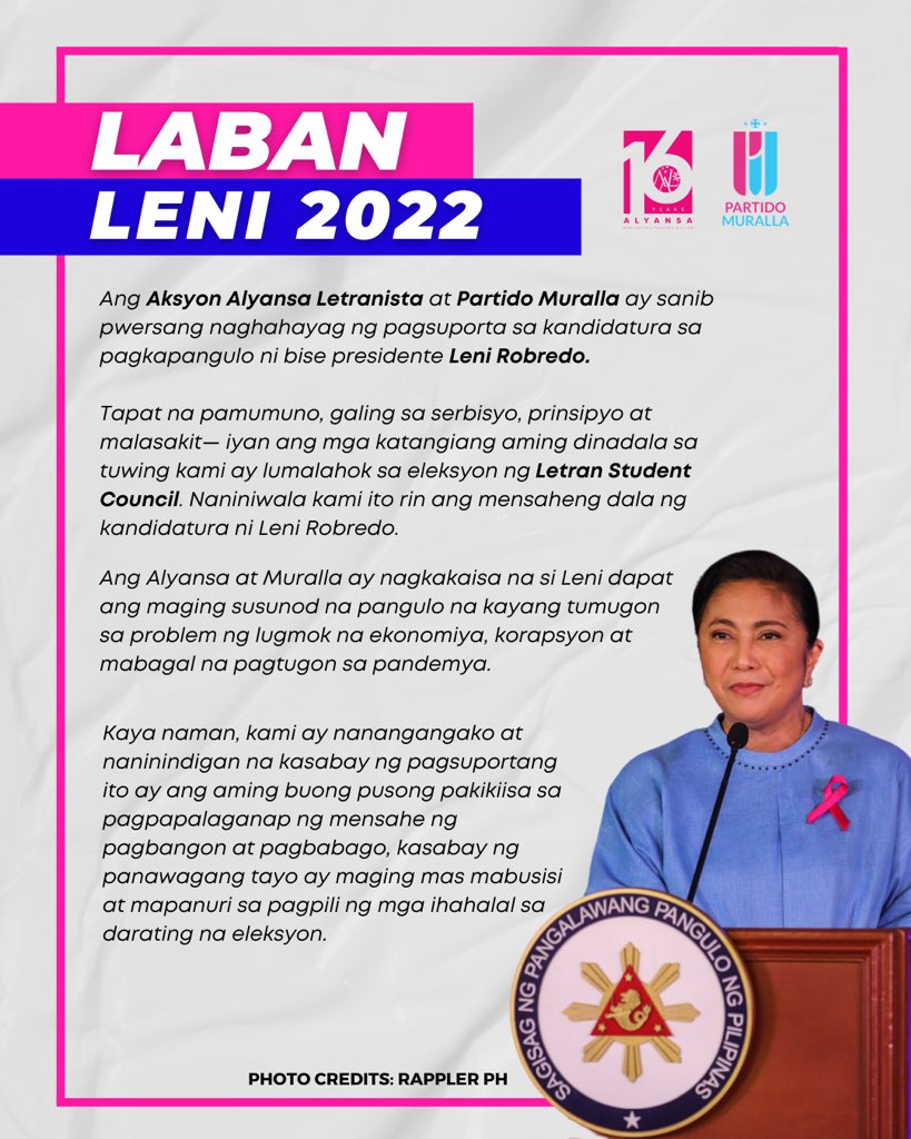AALyansa2005's tweet photo. Narito ang joint statement ng Aksyon Alyansa Letranista at Partido Muralla na naghahayag ng buong pusong suporta kay Vice President @lenirobredo sa kanyang kandidatura sa pagka-pangulo.

#LeniRobredoForPresident
#LabanLeni2022
#F1rstKoSiLeni https://t.co/znqoPz65dA