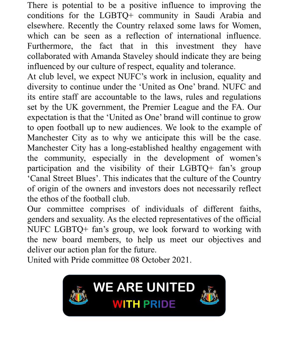 UtdwithPride's tweet photo. Our statement following the takeover of @NUFC https://t.co/Km8ozaP2pr