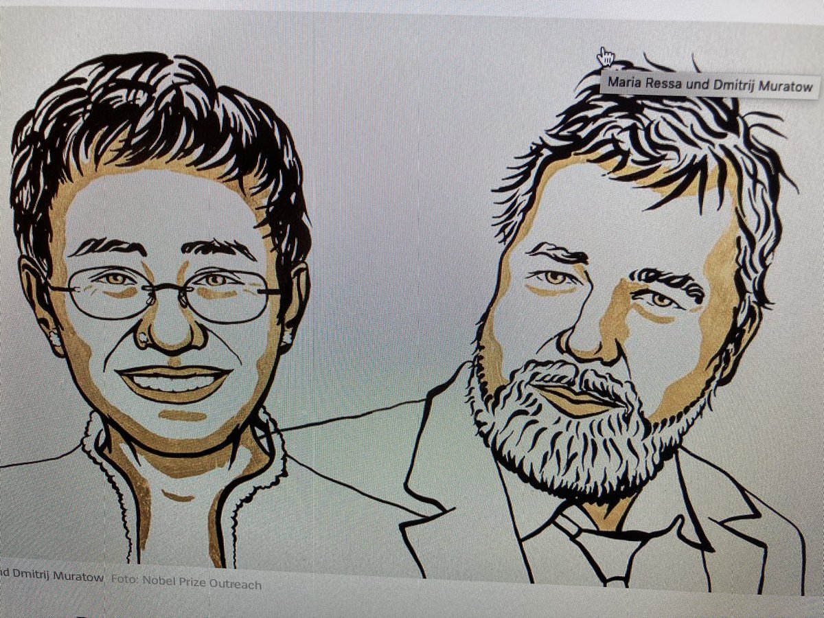 efjeurope's tweet photo. We are very happy &amp; congratulate  @mariaressa &amp; @DmitryMuratov for the #NobelPeacePrize2021 given to journalists and their relentless fight for #pressfreedom for the first time ever! It’due💪❗️Photo Nobel Prize Outreach https://t.co/h6qkQAZE0X