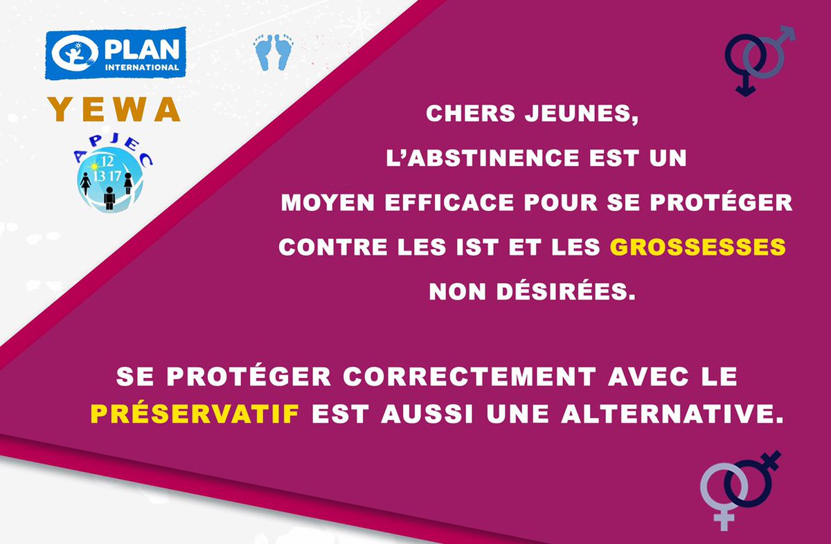 L’abstinence ou le préservatif, faites votre choix ! Car mieux vaut prévenir que guérir.

#PourNosDroits
#SSR
#DSE
#Yewa
<a href="/APJECML/">APJEC</a>
<a href="/PlanIntl_Mali/">Plan International MALI</a>