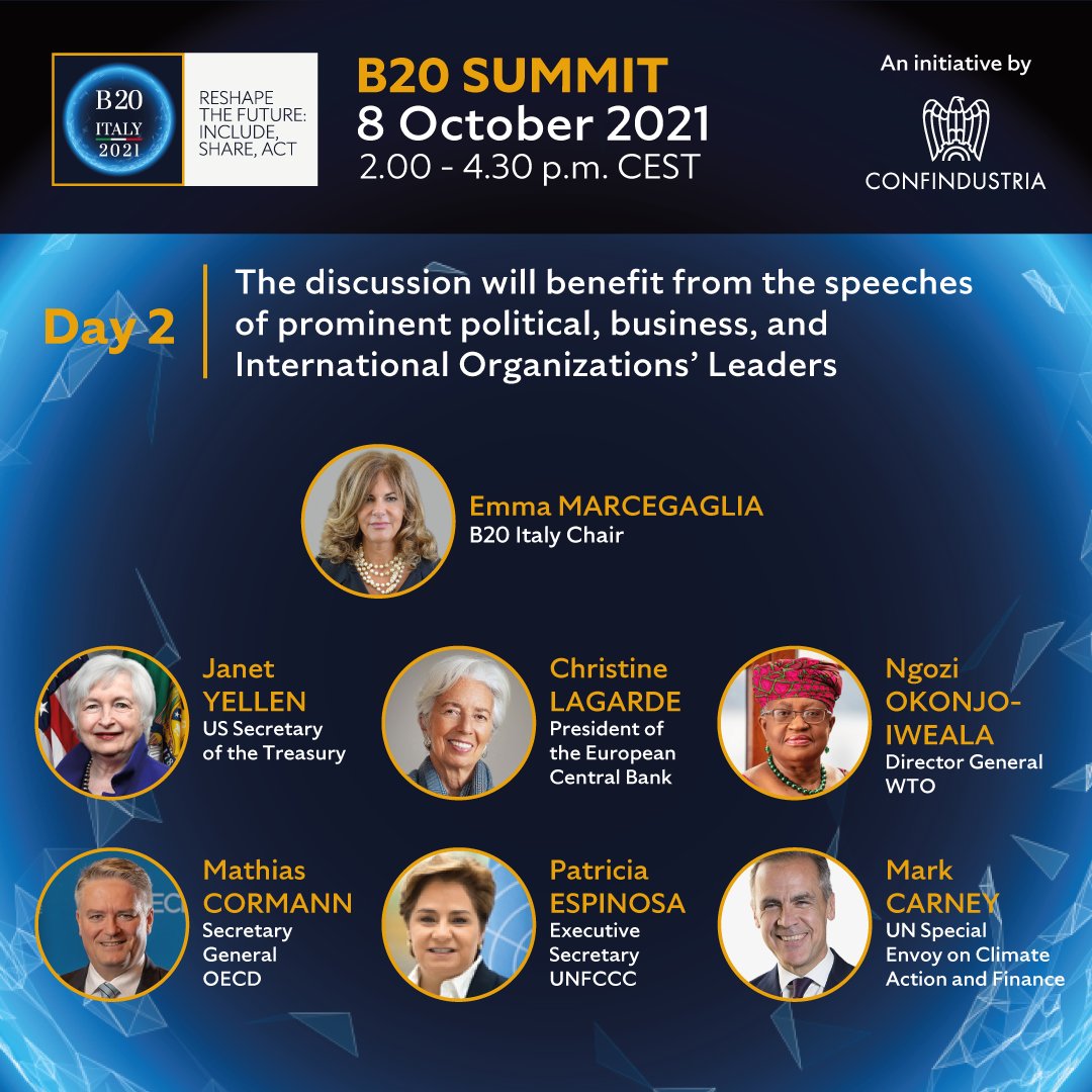 b20's tweet photo. The event #B20FinalSummit will resume at 2pm with the valuable contributions of many prominent political, business, and international Organizations' Leaders.
Watch live on our social media channels! https://t.co/UzPjR9YuRl