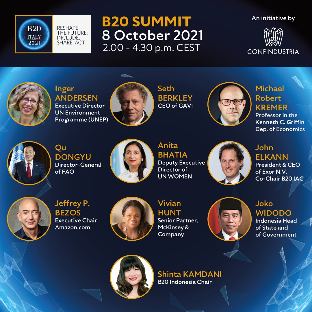 The event #B20FinalSummit will resume at 2pm with the valuable contributions of many prominent political, business, and international Organizations' Leaders.
Watch live on our social media channels!