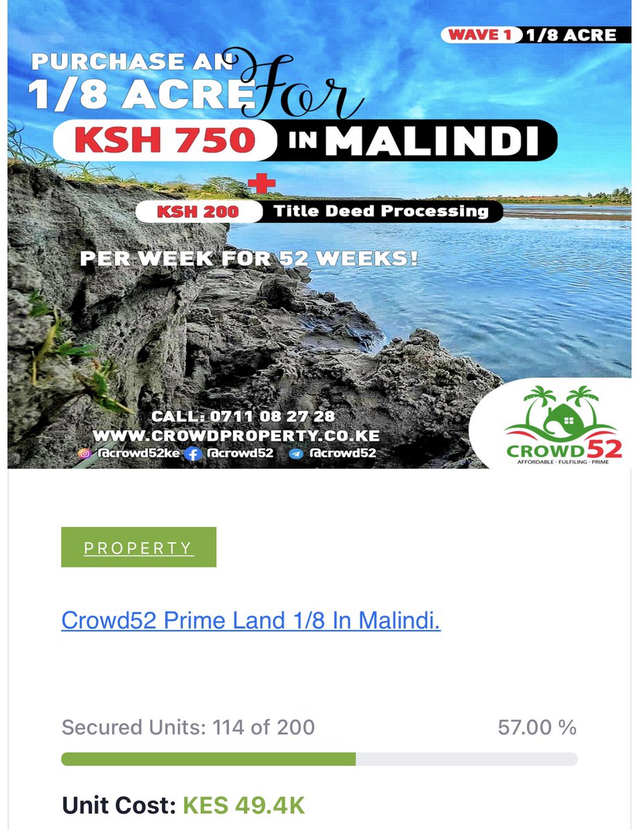 xtiandela's tweet photo. 57% SOLD OUT!!!

It’s RUSH HOUR!!…Buy your 1/8 acre land for just Ksh 950 a week for 52 weeks!! As FOUNDER, I will Personally hand you the title deed!! 

To Buy, visit https://t.co/ntkaJEGN7H 
☎️ ~ Calls: 0711082728
📲 - WhatsApp:  0101 900 907
#Crowd52KE  #TimizaShamba https://t.co/QLB539SZ3Z