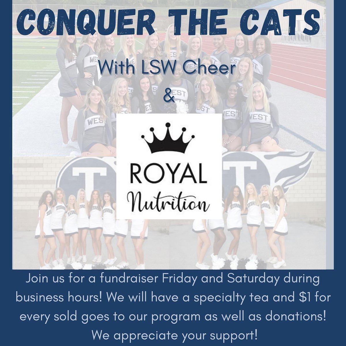 LSWestCheer's tweet image. Who needs a great way to bring in homecoming weekend?! 🤍 Stop by during business hours on Friday and Saturday and grab our Titan Tea! $1 for every tea sold goes to our program!🤩  As always your support means the world to us!  
Location: 857SW Lemans Ln. Lee’s Summit, MO