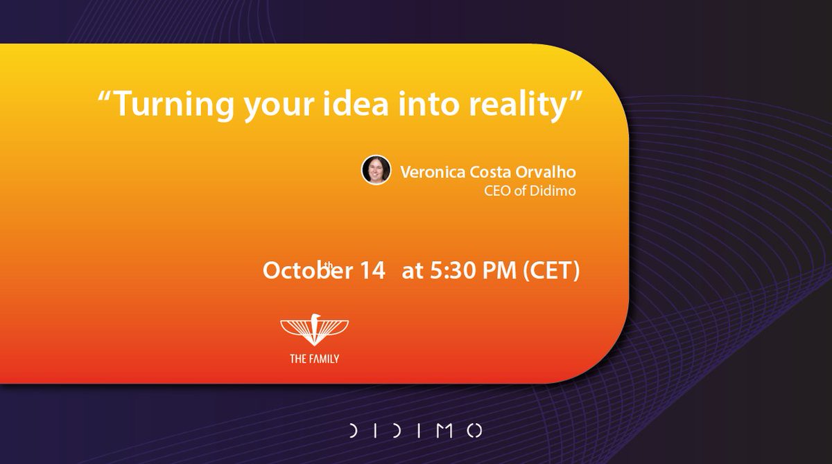 Didimo (@didimo_co) on Twitter photo Our CEO, Veronica Orvalho, will speak next week at #FirstTimeFounderSummit about building Didimo, a deep tech startup. 🚀
This is an initiative by <a href="/_TheFamily/">The Family</a>, supported by <a href="/awscloud/">Amazon Web Services</a> and <a href="/asana/">asana</a>.
🎫 Get your free access at bit.ly/3FlncS6. Our CEO, Veronica Orvalho, will speak next week at #FirstTimeFounderSummit about building Didimo, a deep tech startup. 🚀
This is an initiative by <a href="/_TheFamily/">The Family</a>, supported by <a href="/awscloud/">Amazon Web Services</a> and <a href="/asana/">asana</a>.
🎫 Get your free access at bit.ly/3FlncS6.