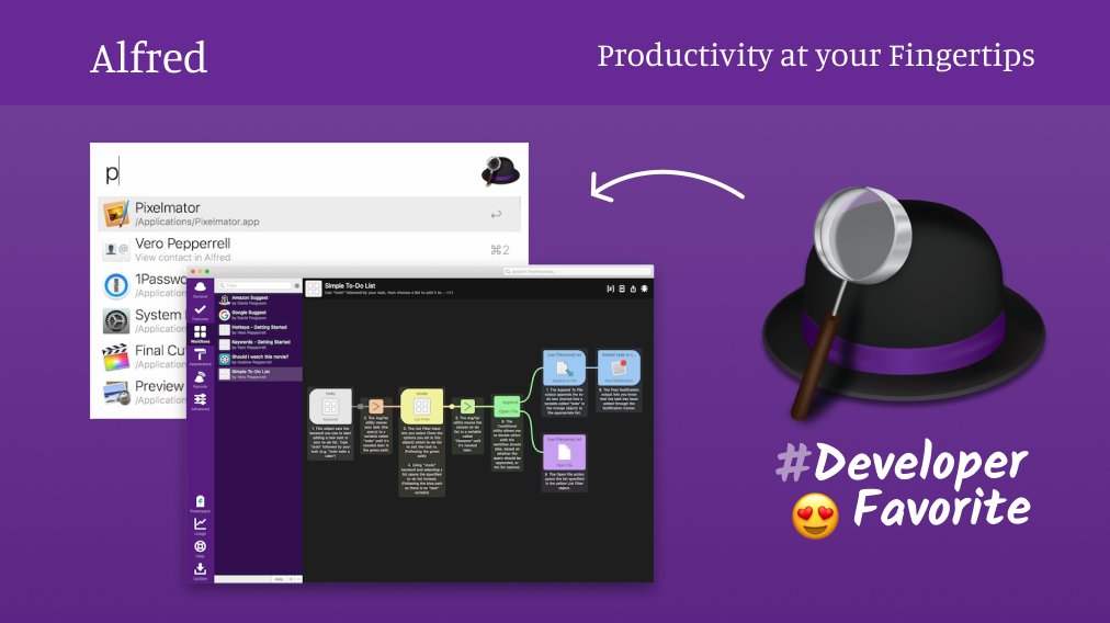 prisma's tweet image. 😍 Today&apos;s #DeveloperFavorite goes to @alfredapp built by @preppeller &amp;amp;  @vero

This is a macOS app that boosts your efficiency with hotkeys, keywords, text expansion and more. 

Check out the Universal Action hotkey to act on any text, URL or file! 🤯

📈 alfredapp.com