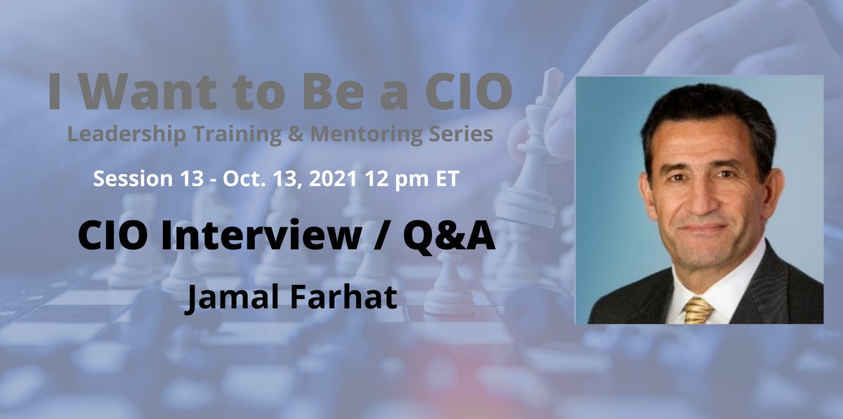 Ken_Ferguson's tweet photo. Aspiring CIOs are invited to ask veteran F500 CIO Jamal Farhat questions when the “I Want to Be a CIO” Series continues on Oct. 13. https://t.co/VNiTaJYYEb via @LinkedIn https://t.co/OTt1aXtQKj
