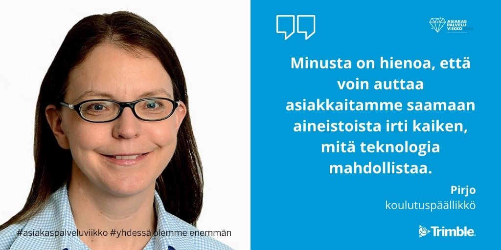 TrimbleUtility's tweet photo. Tänään valokeilassa on koulutuspäällikkömme Pirjo, joka tuntee tuotteemme kuin omat taskunsa ja pitää huolta siitä, että asiakkaamme osaavat hyödyntää tuotteita mahdollisimman hyvin.   #ASPAVIIKKO21 #asiakaspalveluviikko #asiakaskokemus #Trimble #kudos https://t.co/iVYTDKzcaI