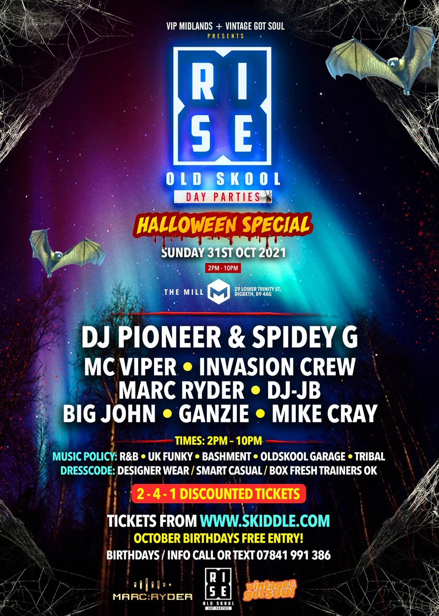 MidlandsPromo1's tweet image. RISE Oldskool Day Parties : Halloween Special Sunday 31st Oct @ The Mill Bham.
Fancy Dress Welcomed! 3pm - 10pm. R&amp;amp;B, Garage, Basement, Amapiano, UK Funky
Earlybird 2-4-1 Tickets &amp;gt; buff.ly/2YjhK1B Oct Bdays Free 07841991386