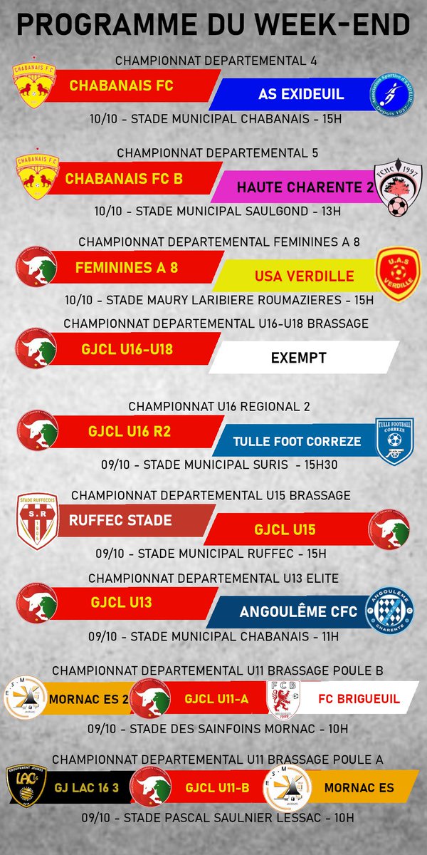 ChabanaisFC's tweet photo. Programme du week-end ! ⚽️

Bon match à tous 💪🏼

#CFC #GJCL #vamos ❤️💛 https://t.co/kSE3eoCMHS
