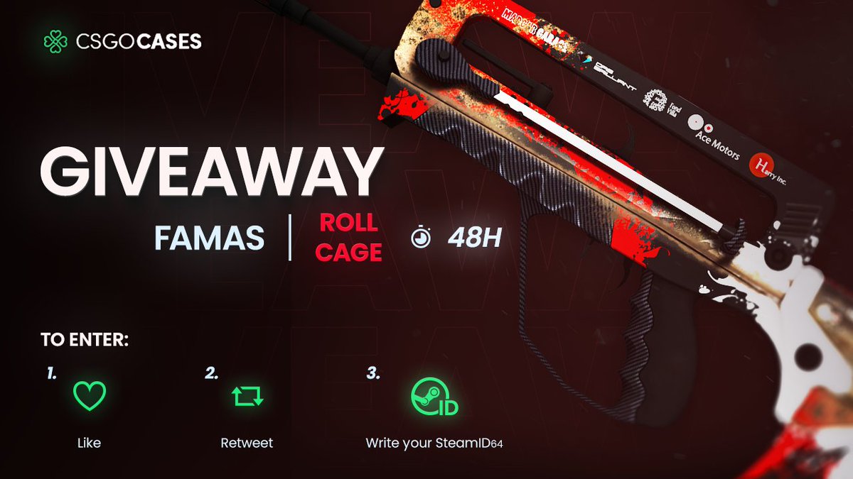 csgocasescom's tweet photo. 💥FAMAS | Roll Cage (MW) GIVEAWAY!💥
How to Enter:
💗Like
🔁Retweet
✍️Write your SteamID64 

🎁Winner will be announced in 48h⏰

#csgo #csgoskins #csgocases #csgoskinsgiveaway #csgocommunity #giveaway #csgogiveaway https://t.co/FPFPXZT6o6