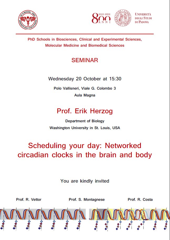 This is one not to miss! <a href="/ErikHerzog/">Erik Herzog</a> here in Padova and giving a talk on Oct 20 at 15:30 local time --- <a href="/Unipd_Medicina/">Unipd Medicina</a> <a href="/alberto_bisco/">Alberto Biscontin</a> <a href="/GianlucaGiust10/">Gianluca Giusti</a> <a href="/MontagneseSara/">Sara Montagnese</a> <a href="/UniPadova/">Università di Padova</a>