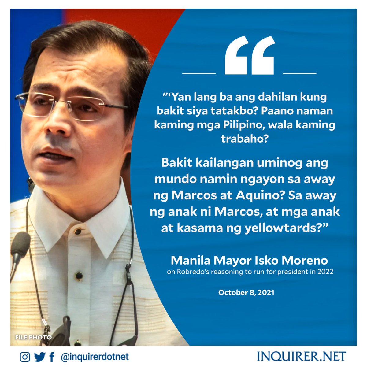 inquirerdotnet's tweet photo. 'MARCOS NA NAMAN?'

Manila Mayor Isko Moreno raised questions over VP Leni Robredo's reasoning to run for president, asking why she is basing it only with the goal of stopping the Marcoses’ return to power. #OurVoteOurFuture #Pilipinas

READ: https://t.co/DGg9o6fiFJ https://t.co/NRE8VorIsi