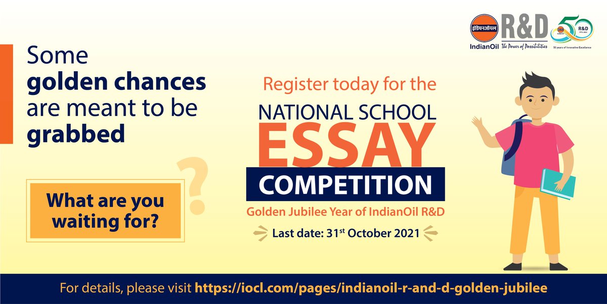 RndIndianoil's tweet photo. #IndianOil R&D Golden Jubilee National Level Essay Competition. Last date extended till 31st October. Exciting prizes to be won. For details, visit https://t.co/XbkZBDLhDa… #50YearsOfInnovativeExcellence #EssayCompetition @IndianOilcl @ChairmanIOCL @RamakumarDr
@DirHR_iocl https://t.co/CuoqtxhE7y