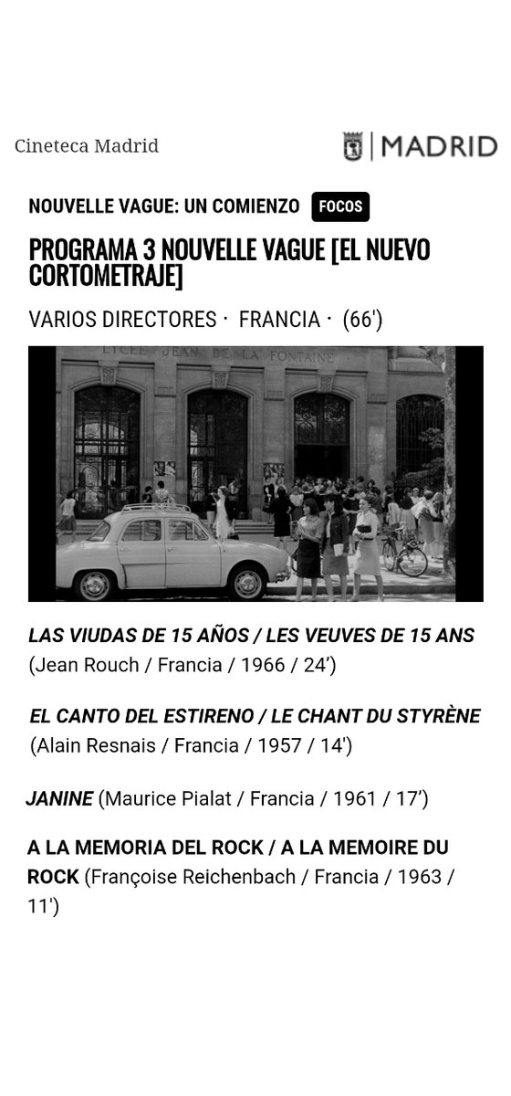 CinetecaMadrid's tweet photo. 🎞️Esta tarde en #CinetecaMadrid nueva sesión de cortos del #Foco la "Nouvelle Vague, Un comienzo". Un ciclo que rastrea los primeros pasos de sus más emblemáticos autores.
Entradas aquí:
https://t.co/j3I6UjhPKs
#Nouvellevague @proserpafilms #Rouch #Resnais #Pialat #Reichenbach https://t.co/9edWCVaCMu