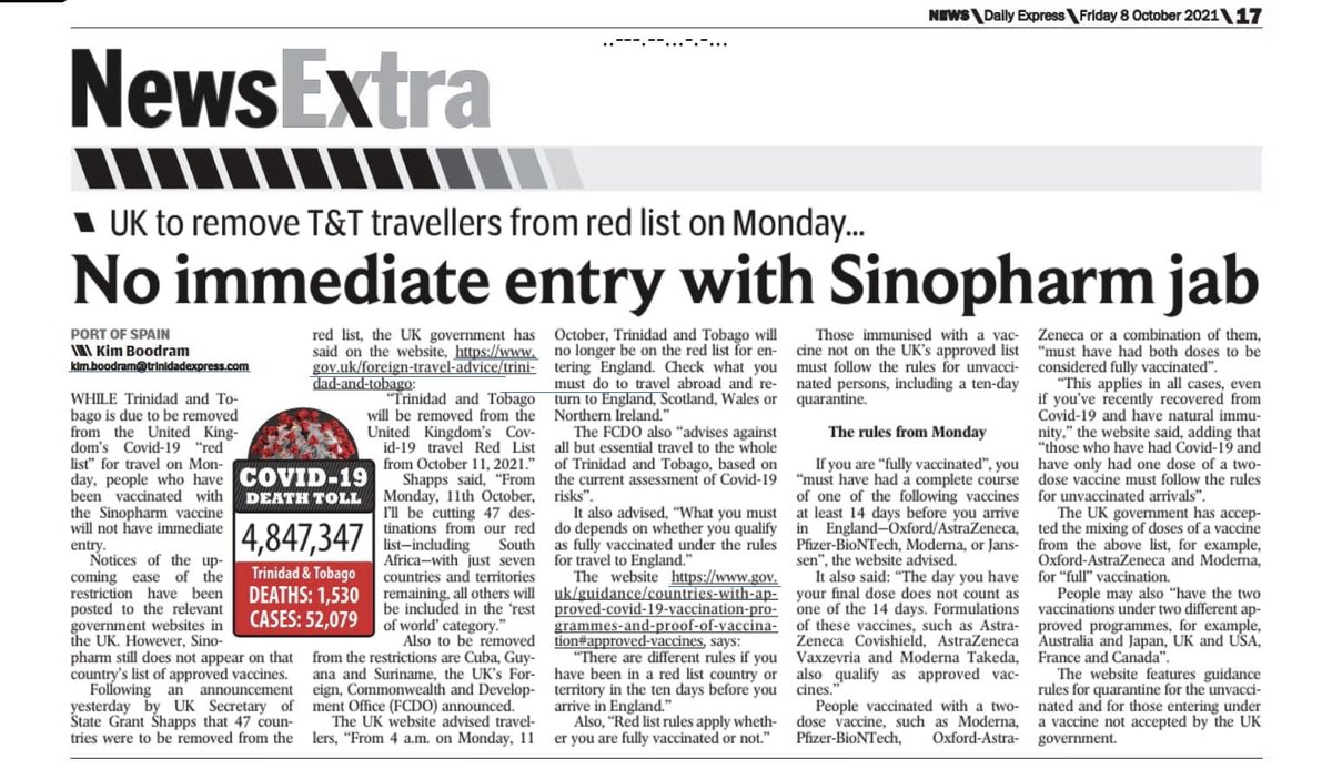 harryvx's tweet photo. This @expressupdates headline is thoroughly misleading. You will be able to “immediately enter” 🇬🇧 from 🇹🇹 with Sinopharm. You will need to self-isolate for 5 days (with test &amp; release) at home or wherever you’re staying. https://t.co/9bwoyY6PZo