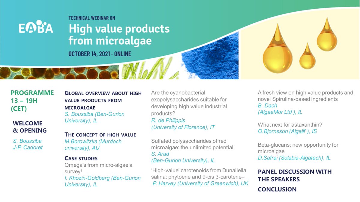EABA_Algae's tweet photo. Interested in knowing more about high value molecules from algae and their path to commercialization?
Join us on October 14th !
https://t.co/1cfjPZ4OEu
#highvalue #algae #innovation #algaeworkshops https://t.co/hsLfi9es6D