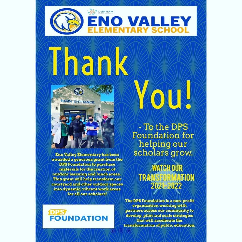 Special Shout Out to <a href="/BullClassrooms/">BullCityClassrooms</a> for their $5000 outdoor learning grant and <a href="/Lowes/">Lowe's</a> Roxboro Rd for making <a href="/EnoValleyDPS/">Eno Valley Elementary</a> their 2021 Heroes Partner, providing additional funding and labor towards various projects in addition to the work they have already done for our school.