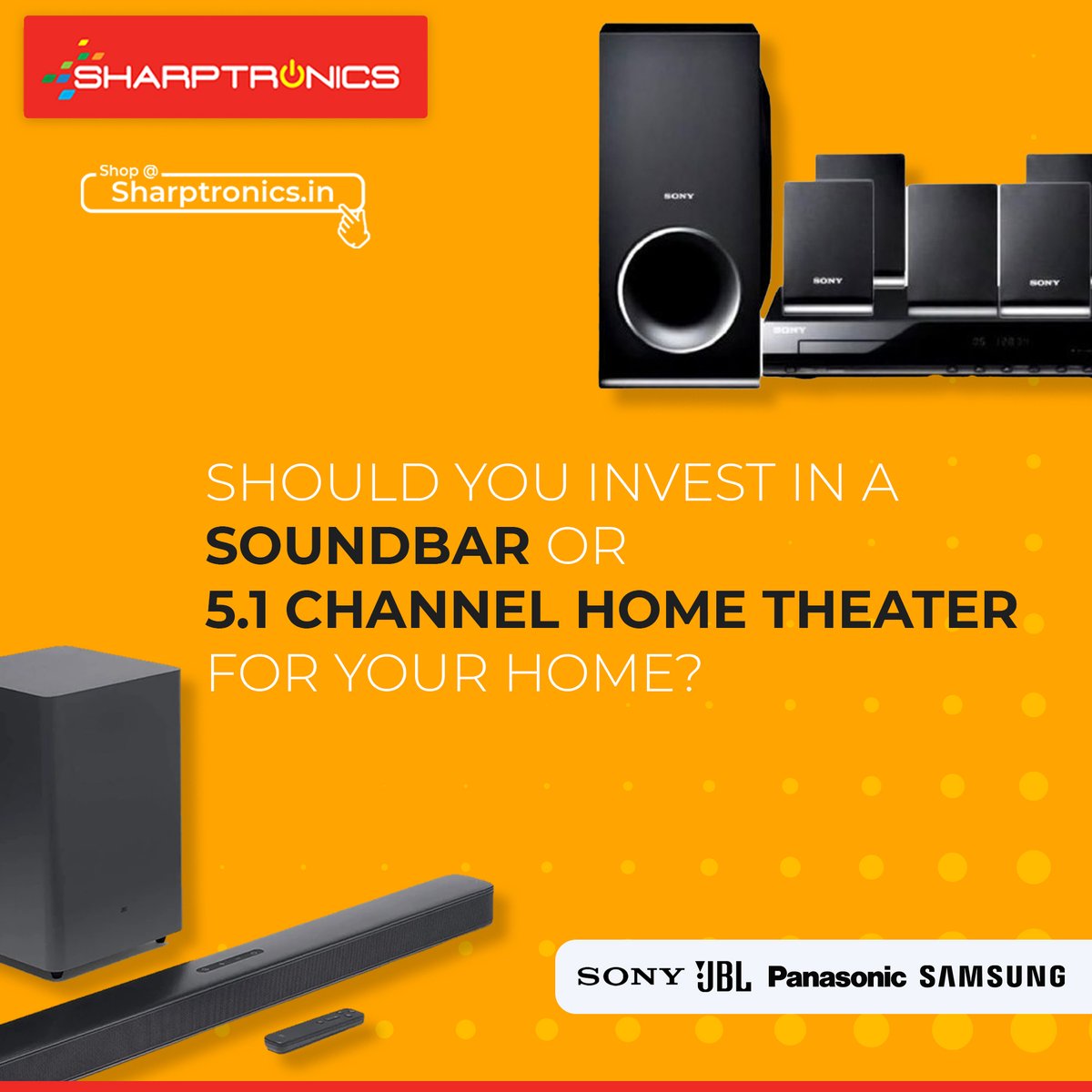 Sharptronics_'s tweet photo. When trying to decide between a soundbar and a home theatre system, it’s best to consider the size of your living room and the cable management factor.  
#speakers #soundbar #hometheater #audiophile #sony #jbl #harman #homeaudio #sharptronics #savebigwithsharptronics https://t.co/qCuoTJT67n
