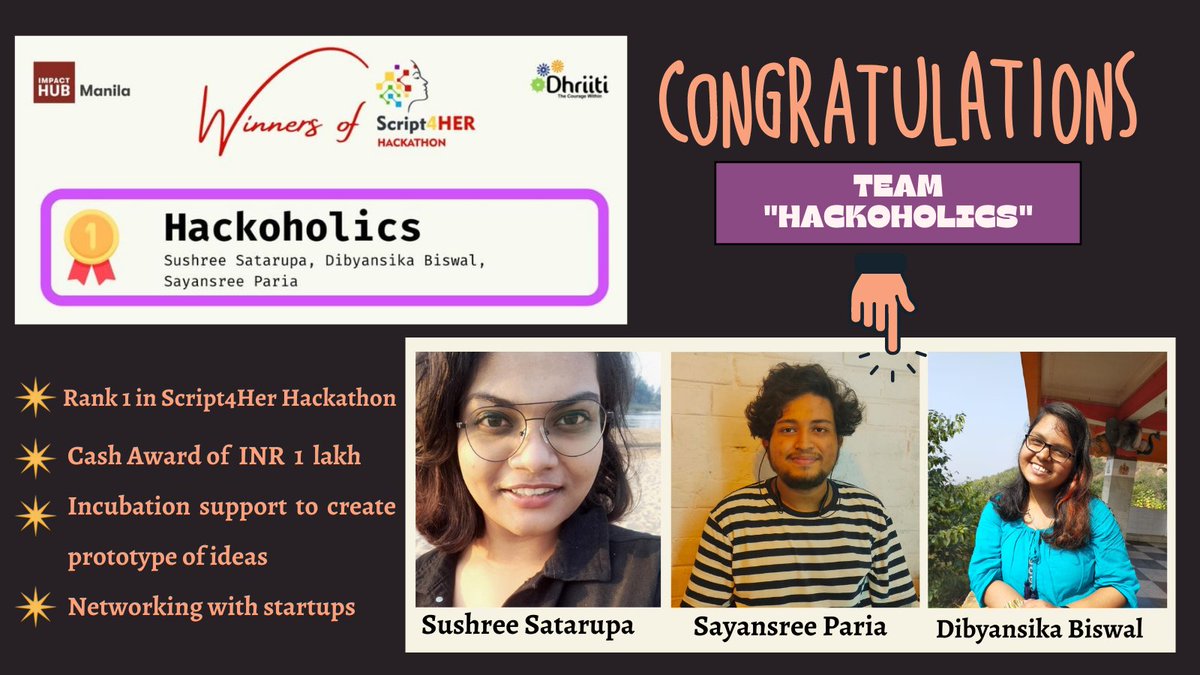 nitrourkela's tweet photo. Team Hackoholics from NIT Rourkela won 1st prize in 'Script4Her Hackathon 2021' sponsored by @NITIAayog and @MSDESkillIndia. Team Hackoholics is a group of students who are building projects at national- international hackathons to help rural women entrepreneurs.
#Hackathon https://t.co/lb2ngjHhla