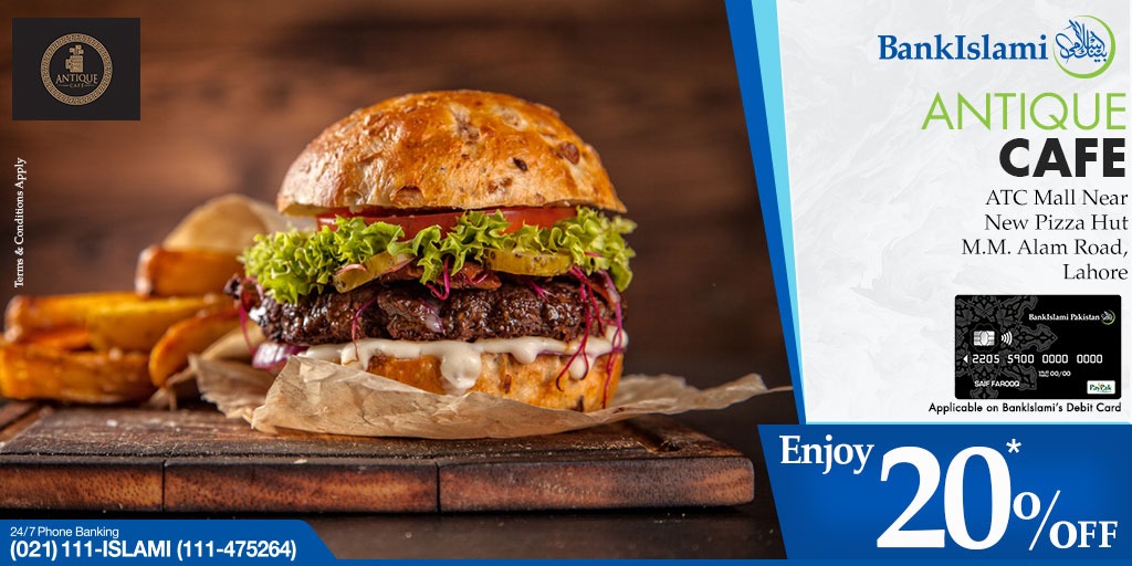 BIPLOfficial's tweet photo. Craving for something hot and cheesy? Visit Antique Cafe for 20% off with your BankIslami debit card.

For more information, call 0321-1129395.

#BankIslami #Discounts #AntiqueCafe https://t.co/fAfkiJ15F9