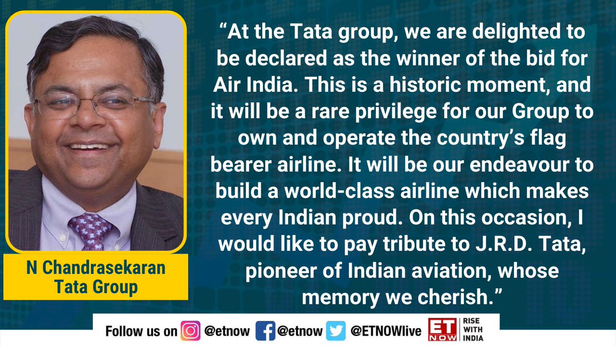 ETNOWlive's tweet image. #AirIndia | “A historic moment,” says N Chandrasekaran, Chairman of @TataCompanies as the national carrier returns home to #Tatas after 68 years!
@airindiain @RNTata200 #TataSons
