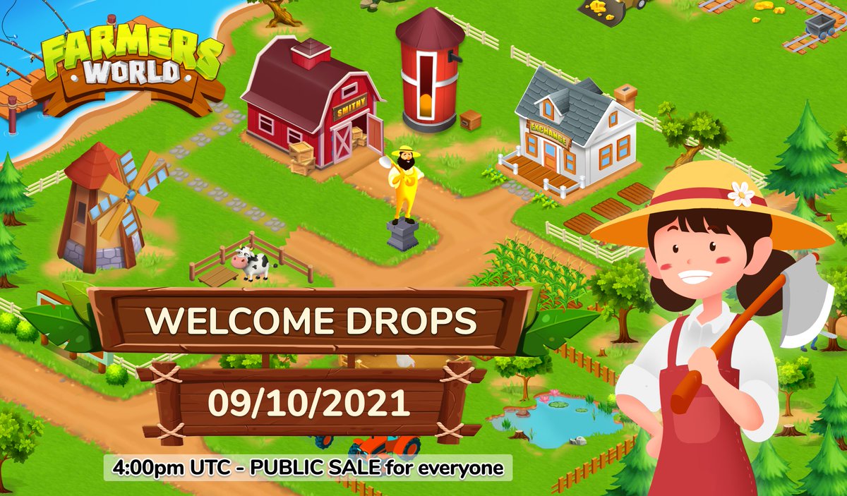 FarmersWorldNFT's tweet photo. Hello all,

This is the link for the Welcome Drops: https://t.co/L7VtKtGiYT

The drops will start at 4:00 PM (UTC) - 09/10/2021

Welcome Drops has only 1 round, and its Public Sale for Everyone. https://t.co/ocm9fkmakF