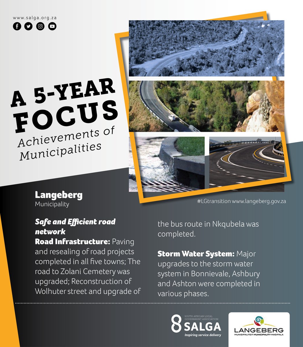 SALGA_Gov's tweet photo. A 5 year focus: Municipal Achievements and Milestones #lgtransition
Today we focus on Langeberg Municipality as the municipality highlights its service delivery milestones and achievements of 2016 - 2021.
#lgtransition
#20yearsofdemocraticlg
#InspiringServiceDelivery https://t.co/mVkJ89B8zZ