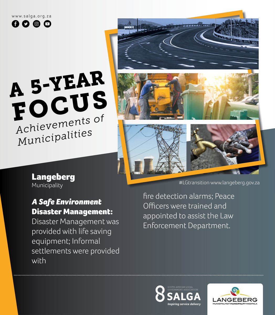 SALGA_Gov's tweet photo. A 5 year focus: Municipal Achievements and Milestones #lgtransition
Today we focus on Langeberg Municipality as the municipality highlights its service delivery milestones and achievements of 2016 - 2021.
#lgtransition
#20yearsofdemocraticlg
#InspiringServiceDelivery https://t.co/mVkJ89B8zZ