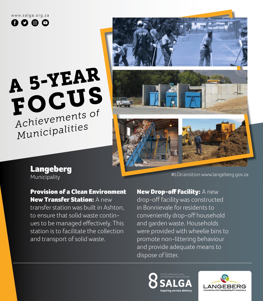 SALGA_Gov's tweet photo. A 5 year focus: Municipal Achievements and Milestones #lgtransition
Today we focus on Langeberg Municipality as the municipality highlights its service delivery milestones and achievements of 2016 - 2021.
#lgtransition
#20yearsofdemocraticlg
#InspiringServiceDelivery https://t.co/mVkJ89B8zZ