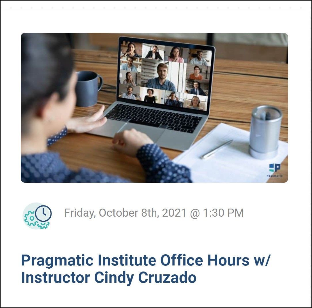DianeLPierson's tweet photo. Pragmatic alumni - questions about Win/Loss interviews, product team building or where we got our great Zoom backgrounds? Ask our own Cindy Cruzado at this week's Pragmatic Institute Office Hours, 1:30pm ET! Register here: https://t.co/jThn0WSfC7 https://t.co/tiqTz6hp7y