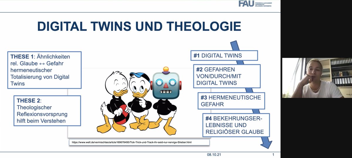 Max Tretter (<a href="/UniFAU/">FAU Erlangen-Nbg</a> Erlangen-Nürnberg) startet die neth:KI-Tagung mit seinem Vortrag "Medizinische #DigitalTwins und #Theologie". Ist das nicht eine tolle Präsentation?😊#KI #medizin #nethKI21