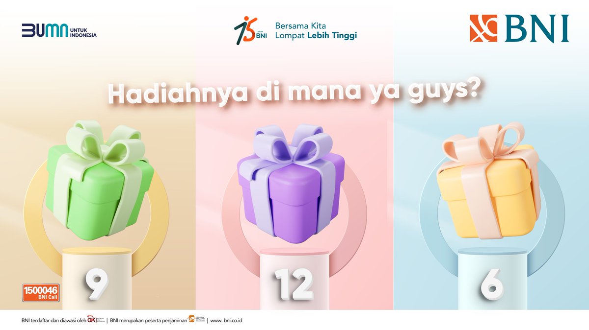BNI's tweet photo. Tapi guys, kita lupa nih hadiahnya kita taro di kotak yang mana ya? Coba bantuin cari dulu yuk. Cluenya adalah hasil dari 2 x 3 + 6 : 2 . Langsung reply jawabannya pake hashtag #BNIQuiz ya. Kalo pilihan kamu betul, hadiah di dalam kotaknya kita kasih buat kamu deh🤭 https://t.co/RPdUVDyRJ9