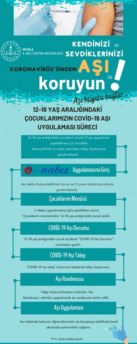 Covid-19 ile mücadelede toplumsal bağışıklığın kazanılmasına destek olmak ve aşılanma oranlarının artırılması amacıyla Müdürlüğümüz ve Muğla İl Halk Sağlığı Merkezi Başkanlığı iş birliği ile Aşı Kampanyası düzenlenmektedir.
<a href="/tcmeb/">Millî Eğitim Bakanlığı</a> <a href="/emrecay55/">Emre ÇAY</a>
Detaylar İçin👉meb.ai/f1oIte