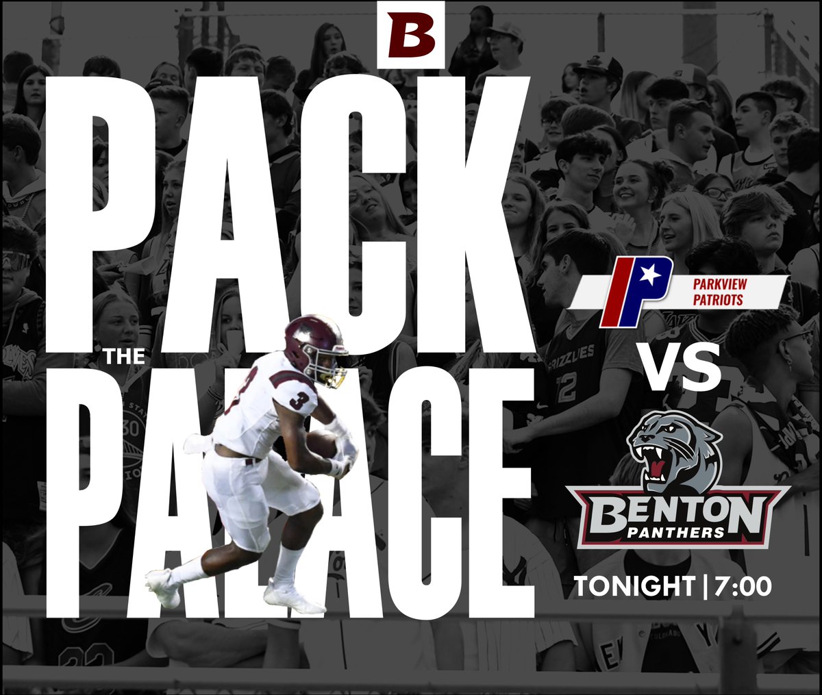 BentonTDClub's tweet photo. G A M E D A Y. Benton Panthers vs Parkview Patriots tonight at the Palace on the Parkway. 7:00 PM kickoff. Buy tickets here https://t.co/bs5F2aDhxa Online only. #ALLIN #packthepalace https://t.co/Ts0JDAdHch