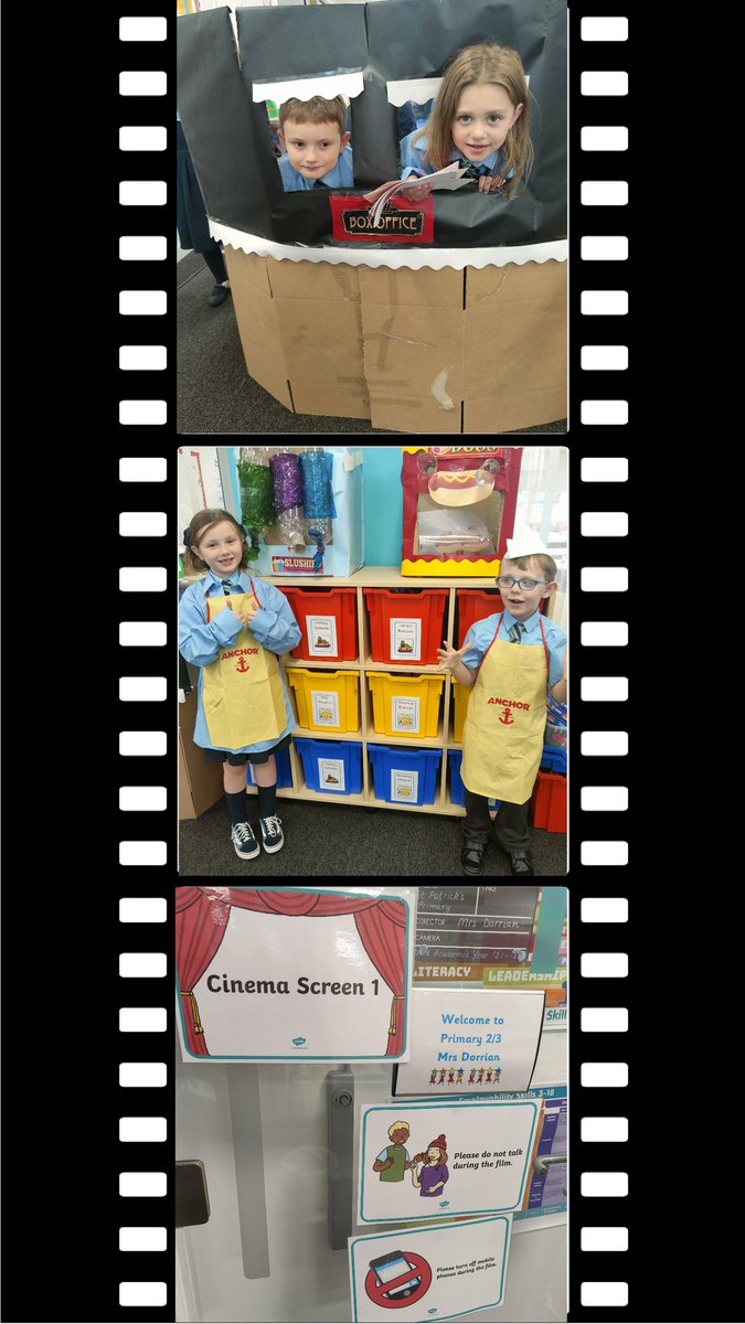 MrsDorrianStN's tweet photo. It's Cinema Day in P2/3. We have been working hard to create some features of a cinema. It's amazing what you can make with cardboard boxes and plastic bottles.🎥🍿🎞️🎬🌭🍧❄️ We couldn't have done it without Miss Cowan's creative hands! @xxAngel_81xx @StPatricksPS15 #junkmodels https://t.co/4y5LYZDkS1