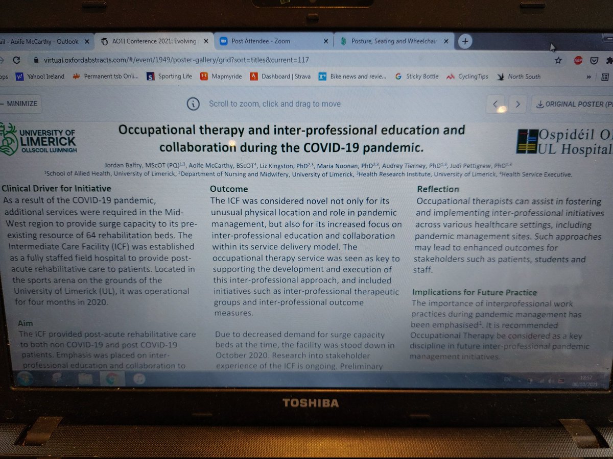 A great opportunity at this year's AOTI conference to showcase interprofessional collaboration during a global pandemic through our work in the Intermediate Care Facility run by @ULHospitals in collaboration with @UL  #IPE #AOTI2021 #teamwork #alliedhealth #posterpresentation