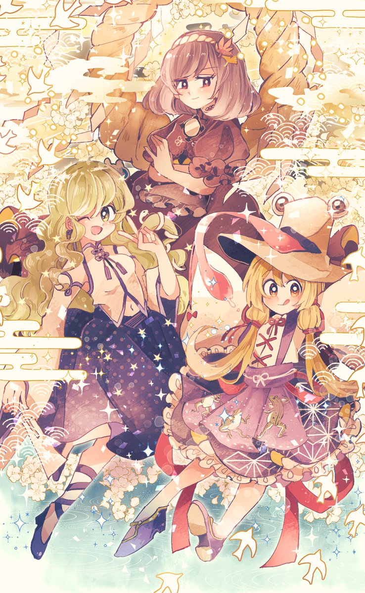 kochiya sanae ,moriya suwako ,yasaka kanako multiple girls 3girls skirt blonde hair purple skirt tongue long hair  illustration images