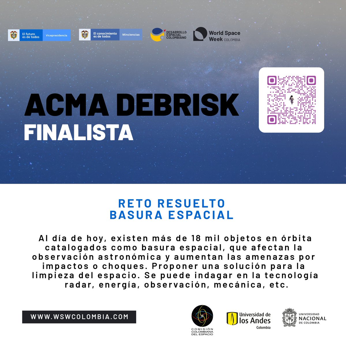 #WSWColombia2021 | Hoy conoceremos las mejores soluciones de la Hackathon Espacial Científico 
> Cetreal 
> ACMA Debrisk 

#innovación #tecnología #colombia #espacial #tecnologiaespacial