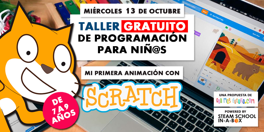 #Curso #gratis!! Invitamos a vuestr@s hij@s de 7 a 9 años al #Taller #online de Programación MI PRIMERA ANIMACIÓN CON #SCRATCH😺. Otra manera de acercarse a la #tecnología y el pensamiento computacional. Descubre nuestra metodología.
13 DE OCTUBRE.
+INFO:👉bit.ly/TallerGratuito…