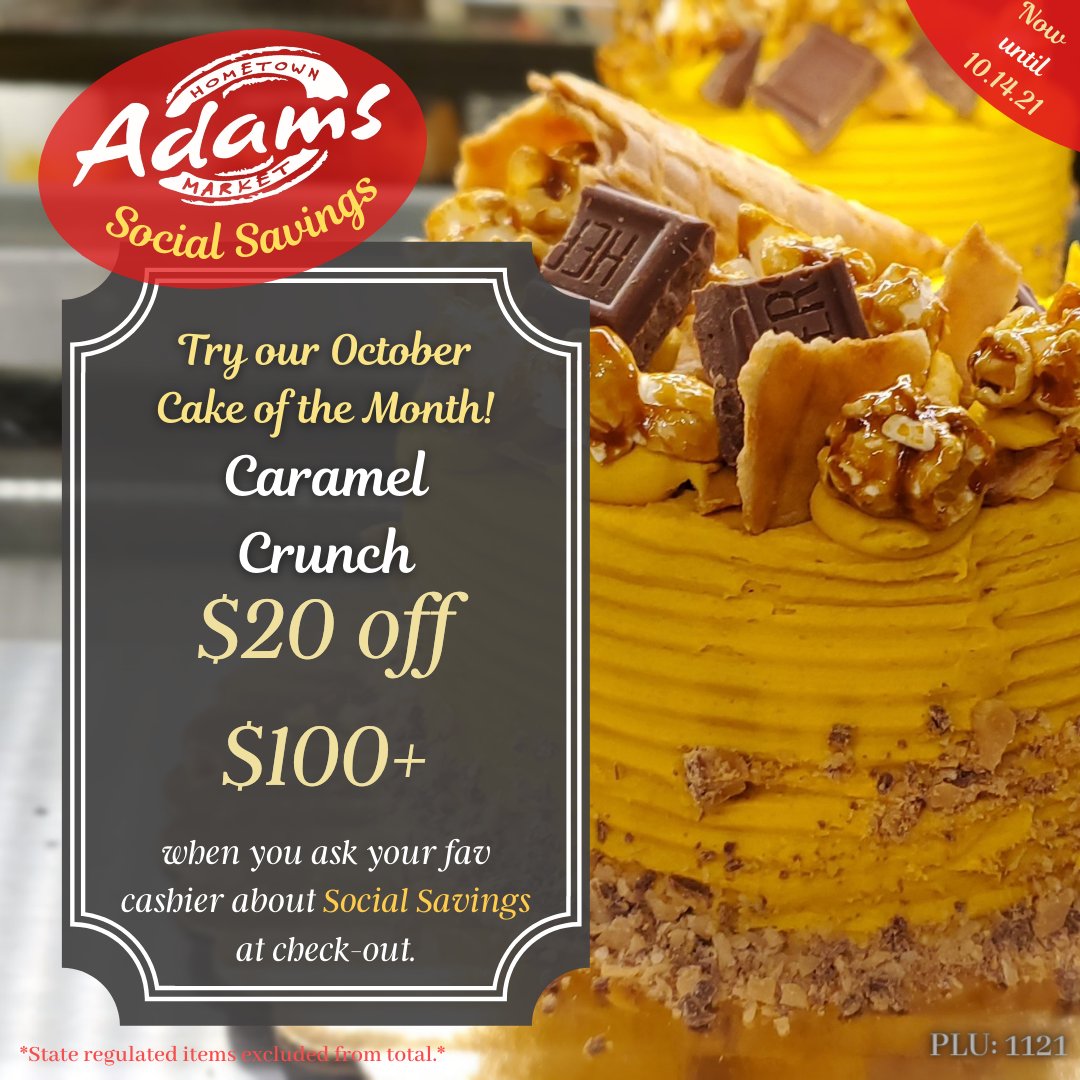 AdamsMarkets's tweet photo. A crispy waffle cone sits atop this buttery yellow cake, spilling out delightful bites of chocolate and caramel popcorn. 🤩 
Just ask for "Social Savings" or use SocialSavings at our online #ClickToCart check out!
#AvailableInAllLocationsUponRequest 
https://t.co/rEGYYrXzKj https://t.co/jN6Qgi69tM