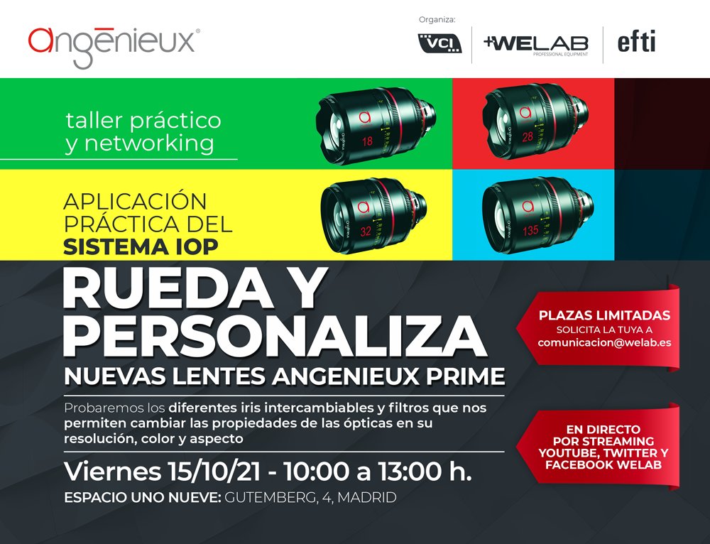 welabplus's tweet photo. ⚠️ Apúntate ya al taller práctico y networking que hemos organizado con @Efti & @videocineimport sobre #IntegratedOpticalPalette de las lentes @AngenieuxLenses Optimo Prime⚠️Viernes 15 de 10 a 13h en Espacio Uno Nueve🔥 Reserva en comunicacion@welab.es💥¡Te esperamos! #Taller https://t.co/P3gGqE1xkF