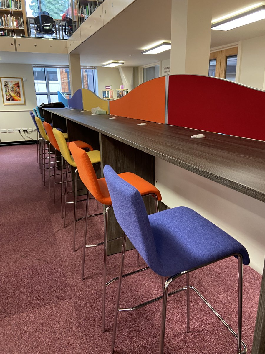 LibraryDeptCC's tweet photo. 👇In the Library this week...

Our new stools arrived! It's been great to see students making use of the new furniture downstairs, and the bright colour scheme makes a real difference as we head into colder months. https://t.co/gKZjPI5f3H