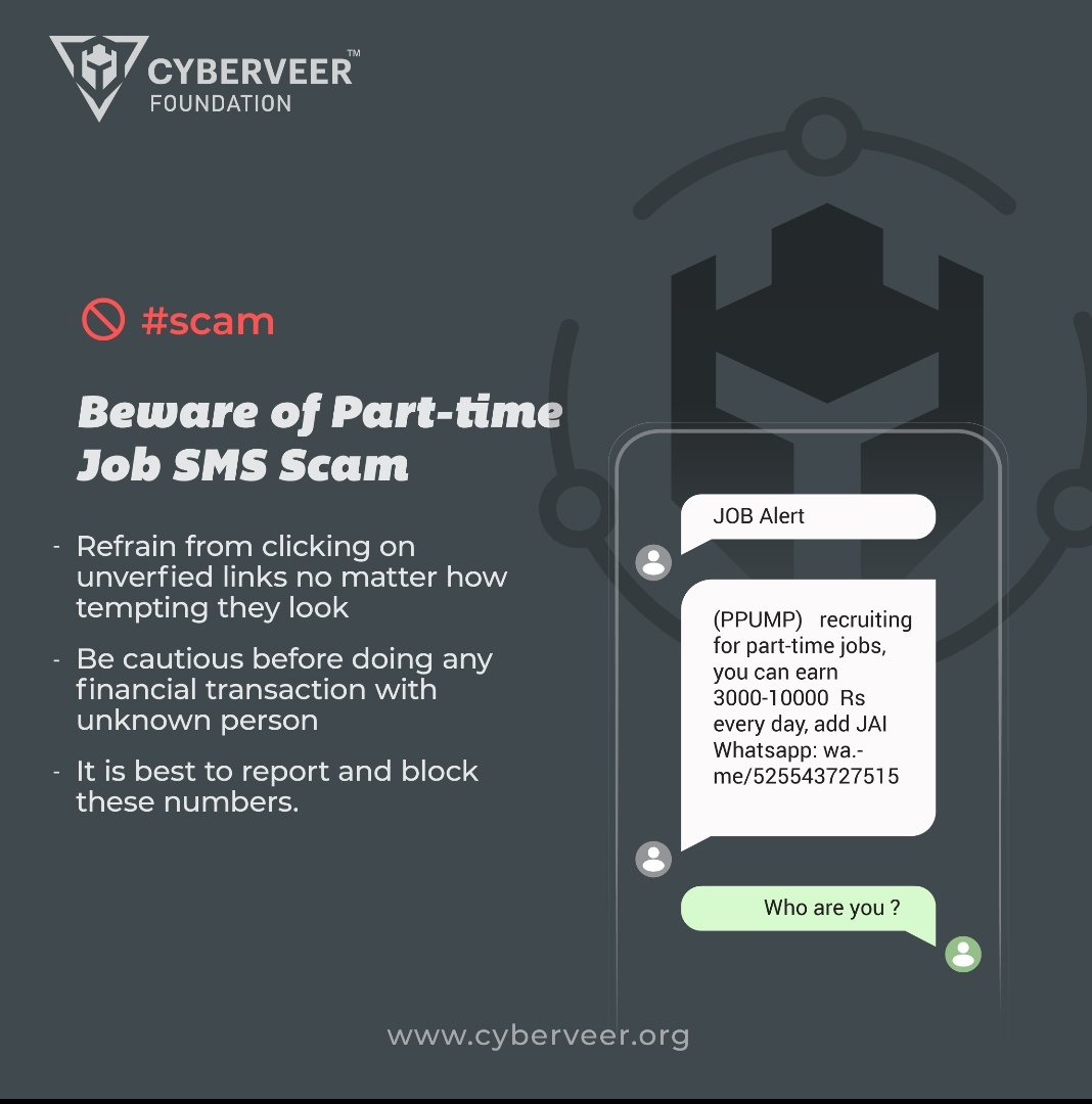 cyber_veer's tweet photo. Beaware of part-time job scams. 

#jobfrauds #cybercrime #October #CybersecurityAwarenessMonth  #cyberveer @jaipur_police https://t.co/ajm4RLNrT0